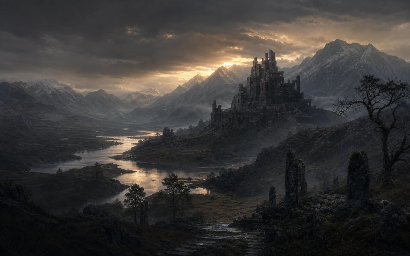 Ancient dark-fantasy citadel overlooking a misty mountain valley at dusk