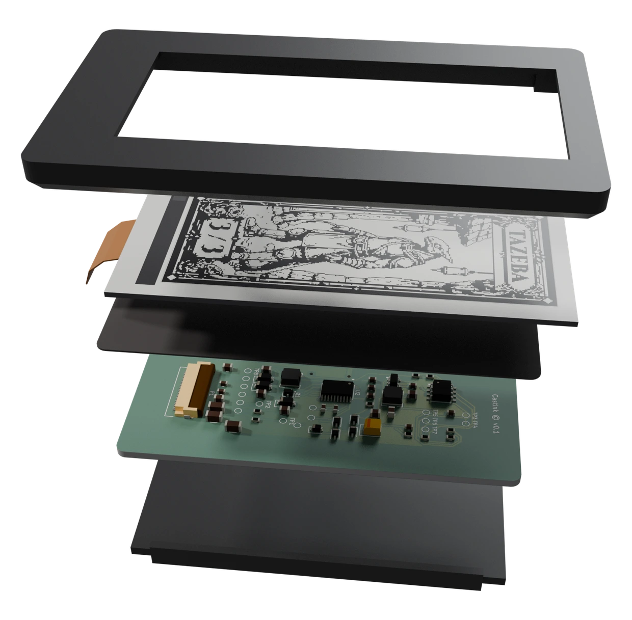 Exploded Blender render of a CastInk card: front frame, 2.9-inch e-ink panel showing a card, NFC PCB and battery-free back cover